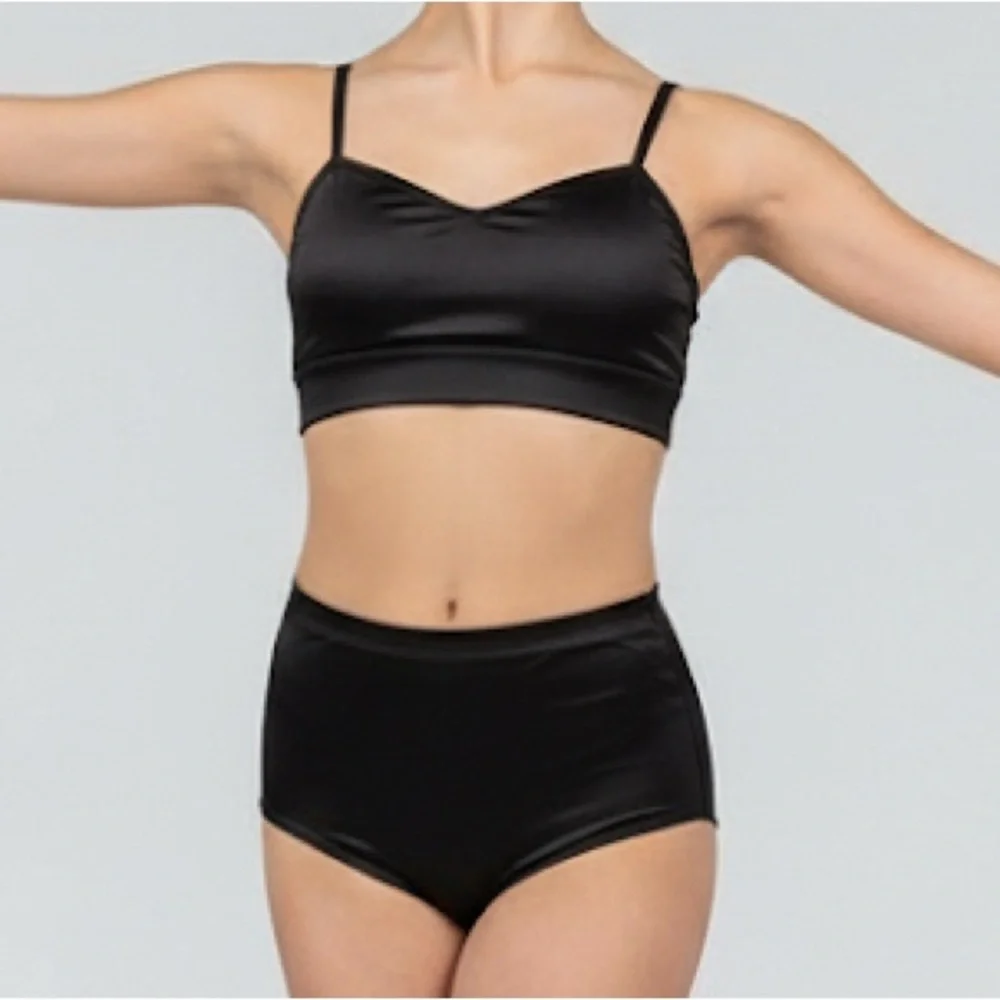 Double Platinum 2 piece Black‎ Dance set Satin crop Top and Briefs Adult XS NWT